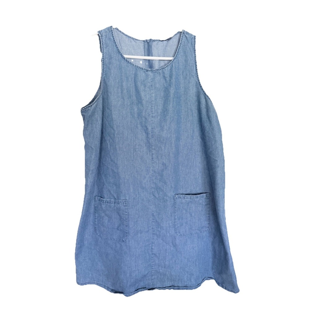 Denim Cotton Sleeveless Shift‎ Raw Hem Dress Size Medium 90s Pockets Jumper